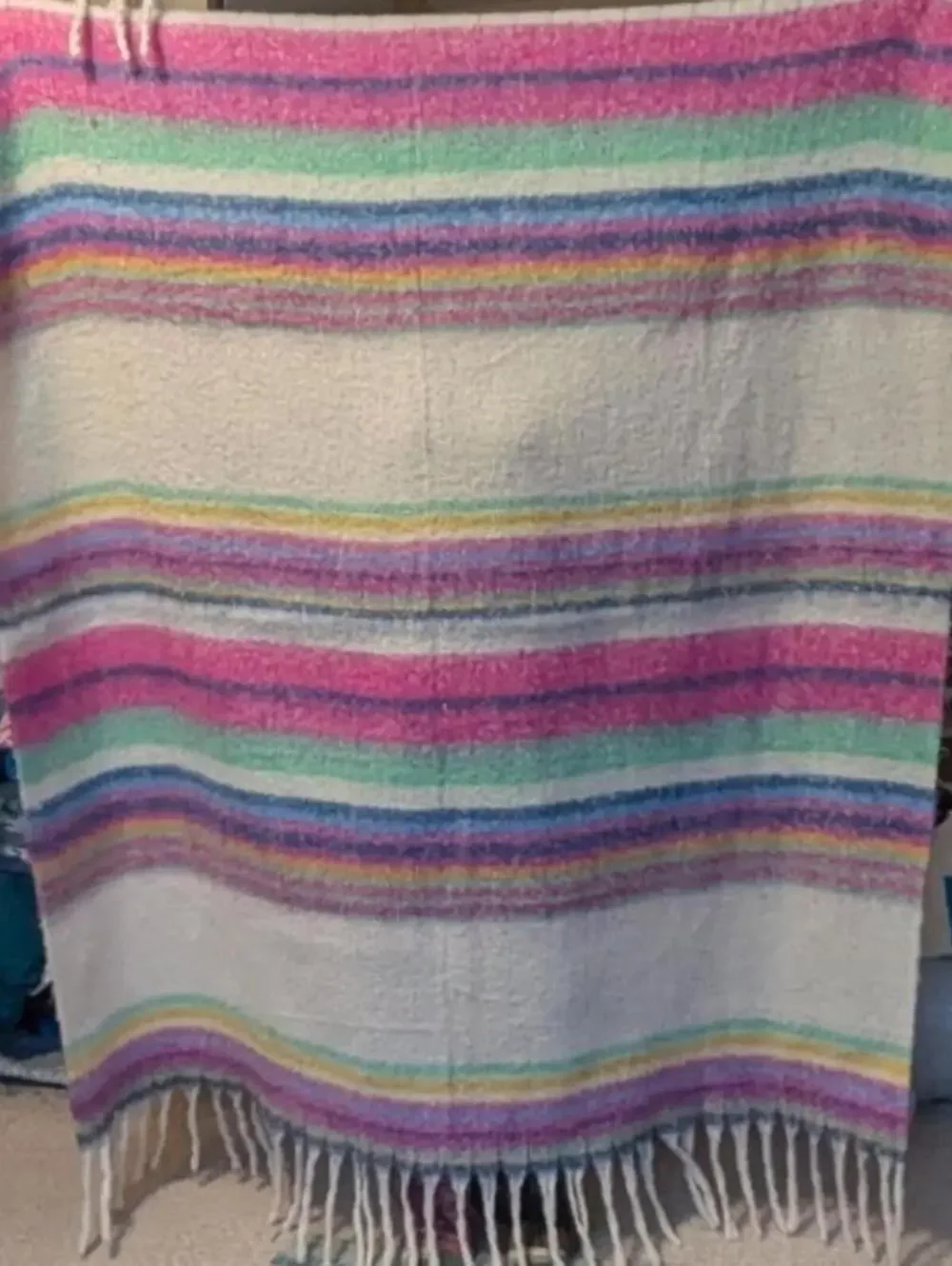 Free People $78 Oversized Pink Teal Striped Blanket Multi Color Fringe Wrap